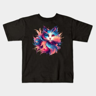 Cute Colorful Cosmic Cat in Stars Kids T-Shirt